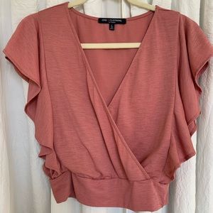 Dusty Rose Flutter Sleeve Cropped Crossover Lightweight Summer Top
